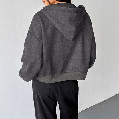 Cropped Loose Fit Full Zip Hoodie with Pockets