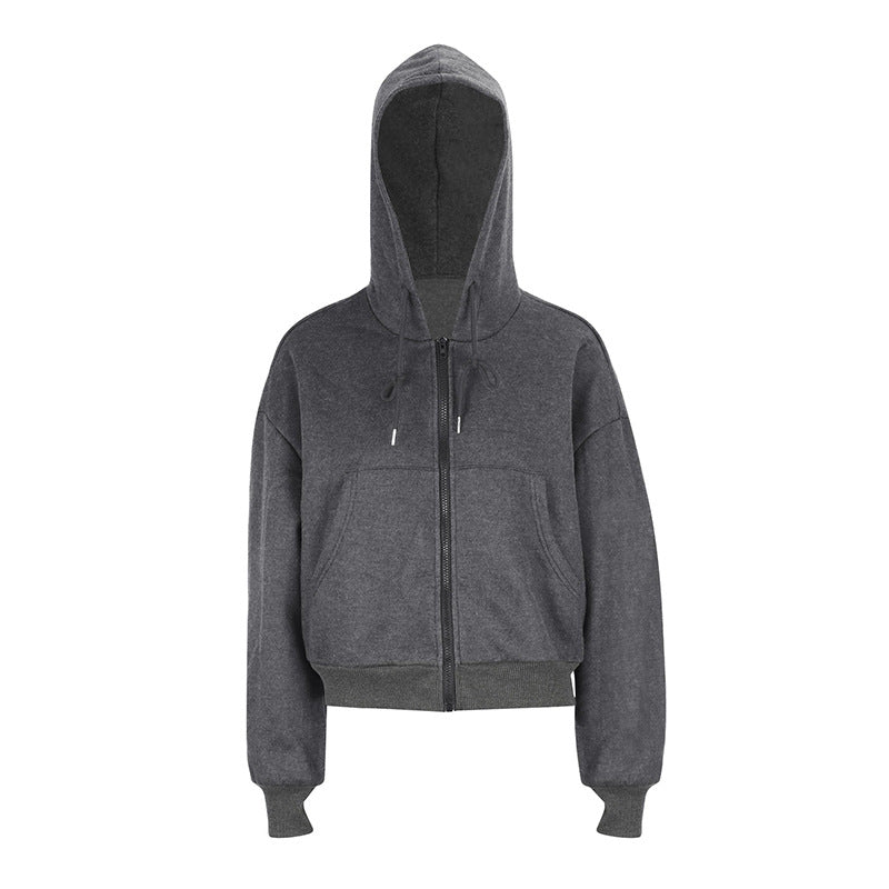 Cropped Loose Fit Full Zip Hoodie with Pockets