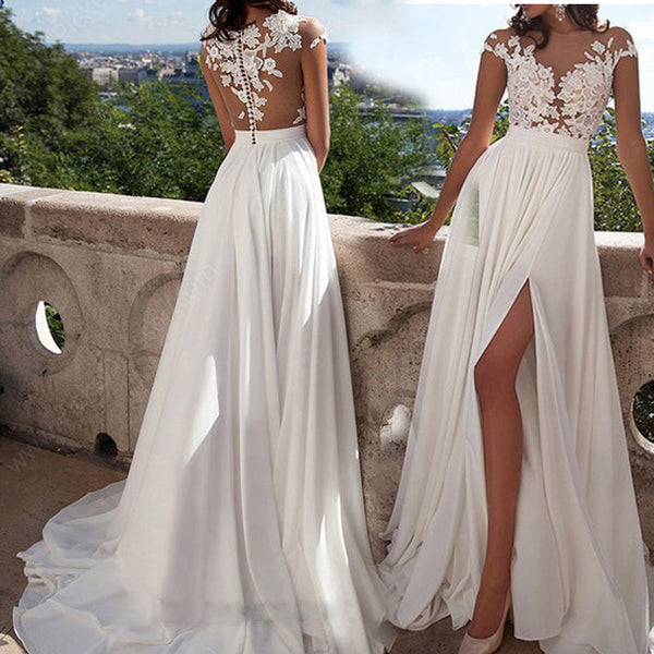 A-Line Chiffon Maxi Dress with Lace Bodice and High Slit