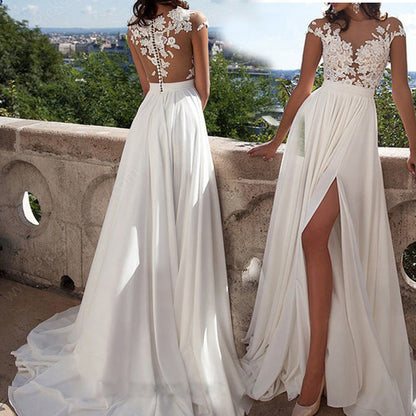 A-Line Chiffon Maxi Dress with Lace Bodice and High Slit