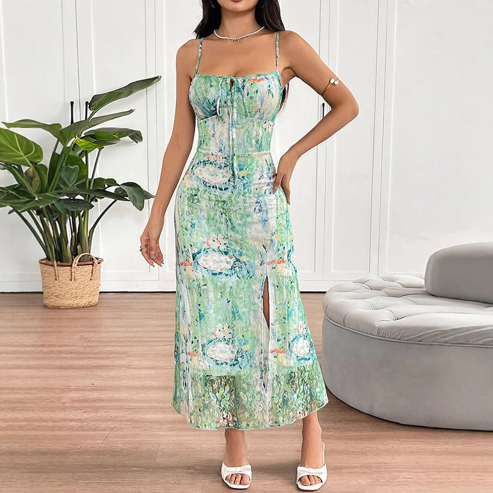 Abstract Floral Mesh Sling Midi Dress with Slit