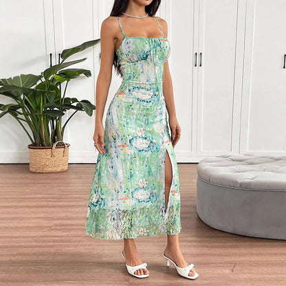 Abstract Floral Mesh Sling Midi Dress with Slit