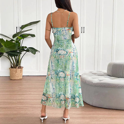 Abstract Floral Mesh Sling Midi Dress with Slit