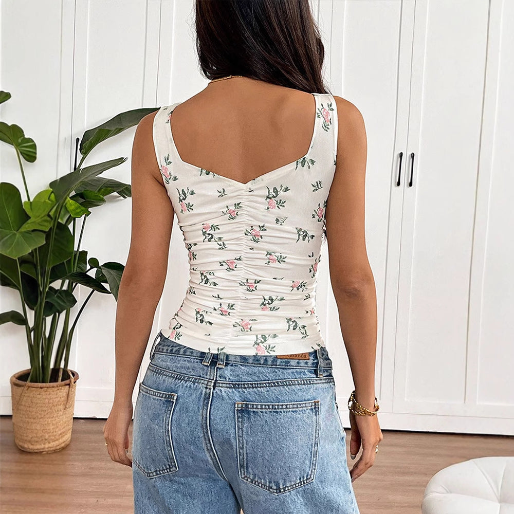 Bodycon Floral Print Tank Top with Ruched V-Neck