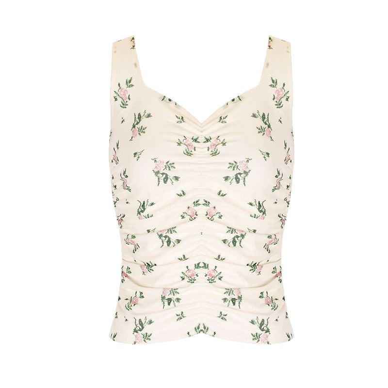 Bodycon Floral Print Tank Top with Ruched V-Neck