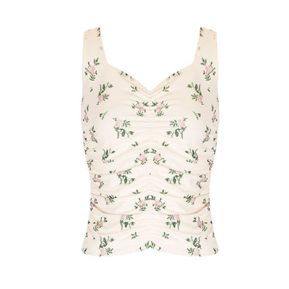 Bodycon Floral Print Tank Top with Ruched V-Neck
