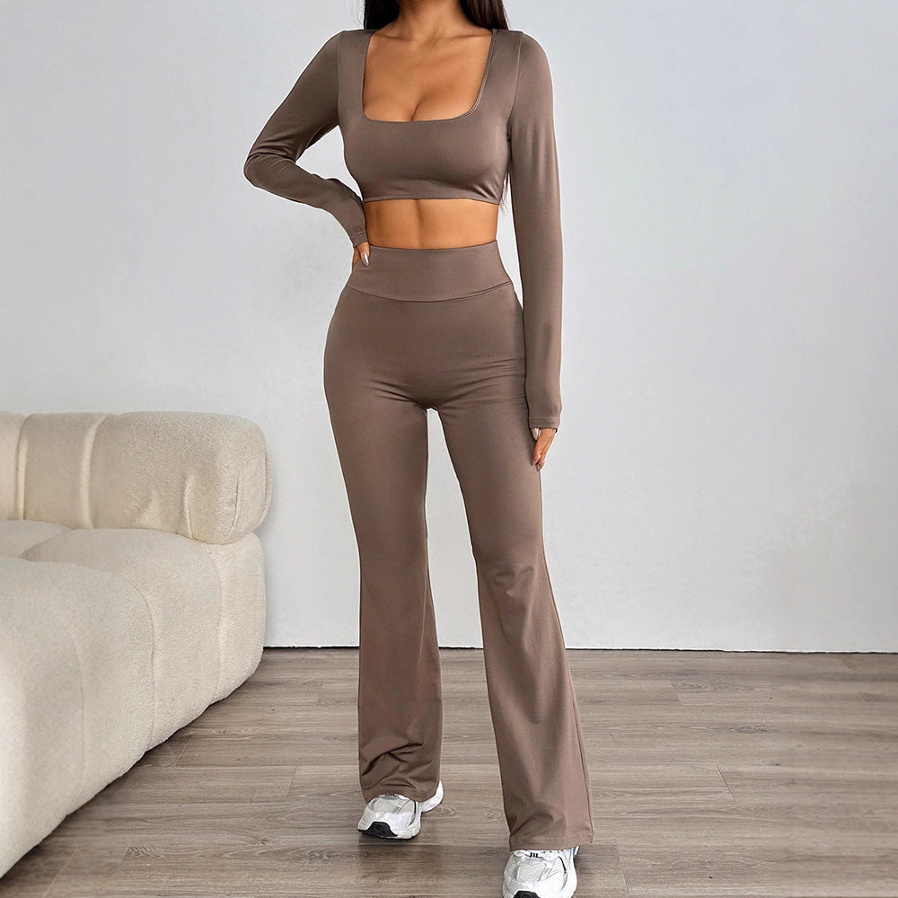 Solid Square Neck Crop Top & Micro-Flared Pants Set