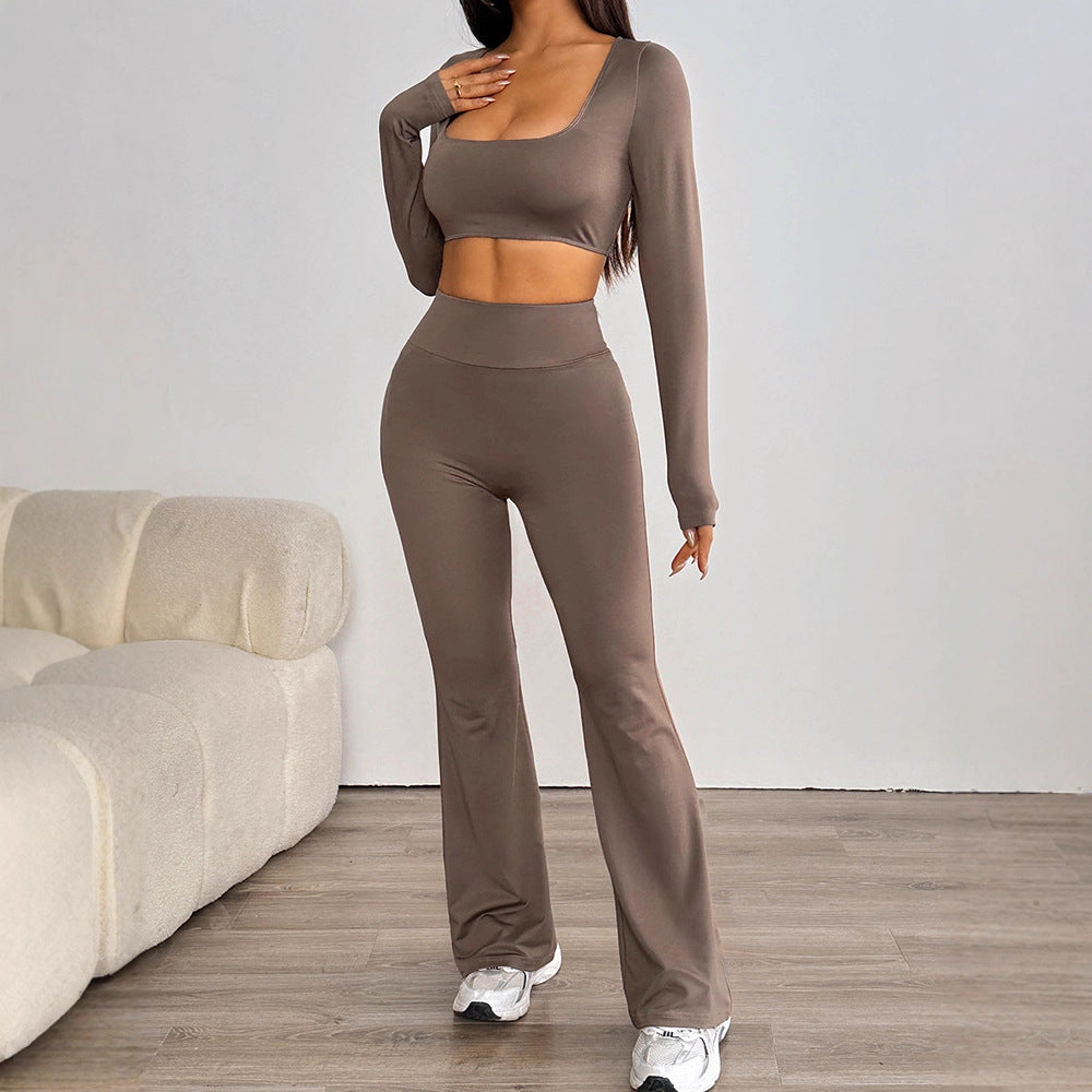 Solid Square Neck Crop Top & Micro-Flared Pants Set