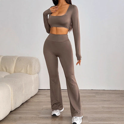 Solid Square Neck Crop Top & Micro-Flared Pants Set