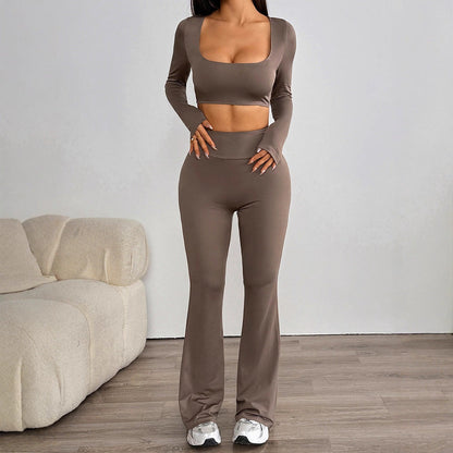 Solid Square Neck Crop Top & Micro-Flared Pants Set