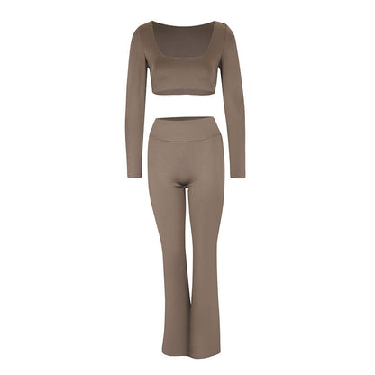 Solid Square Neck Crop Top & Micro-Flared Pants Set