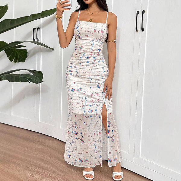Floral Printed Bodycon Maxi Dress with Ruched Front and Slit