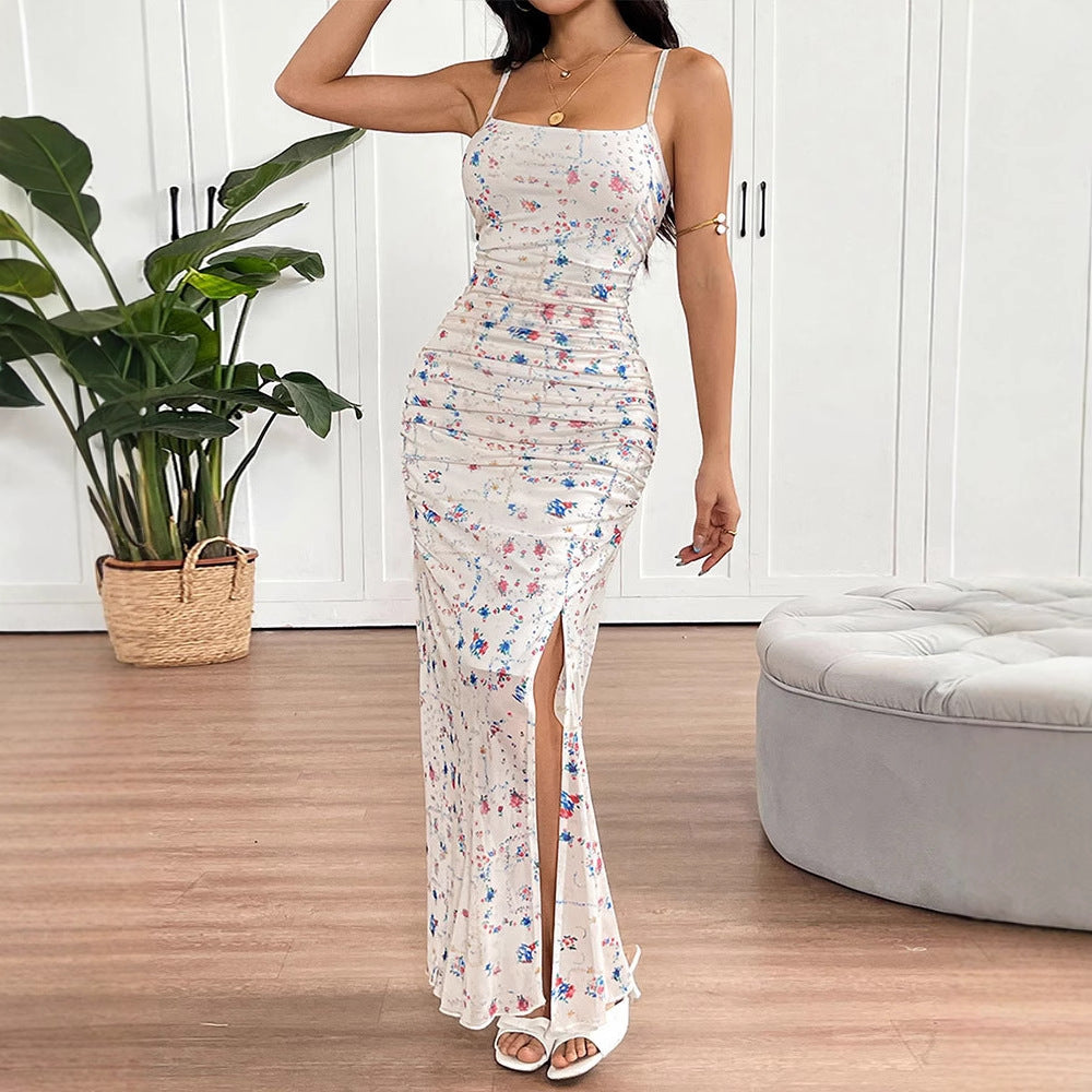 Floral Printed Bodycon Maxi Dress with Ruched Front and Slit