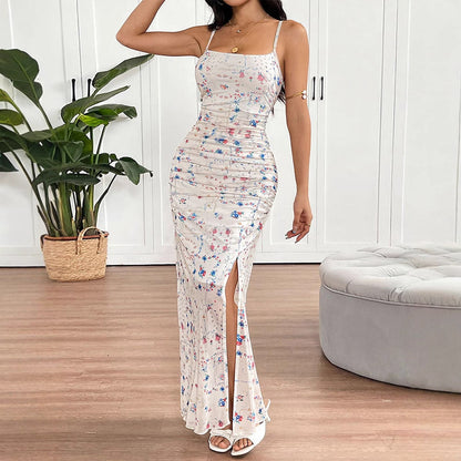 Floral Printed Bodycon Maxi Dress with Ruched Front and Slit