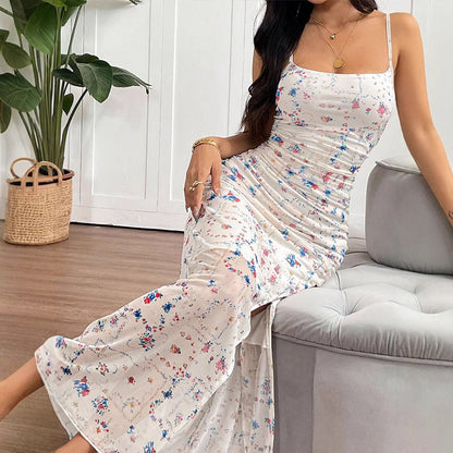 Floral Printed Bodycon Maxi Dress with Ruched Front and Slit