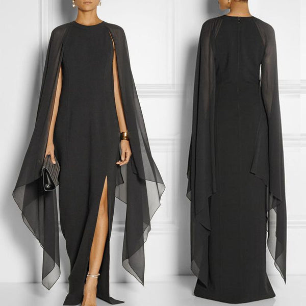 Sheath Maxi Dress with Cape Overlay Sleeves and High Slit