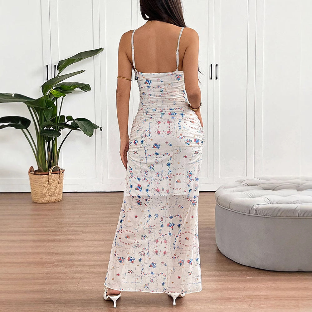 Floral Printed Bodycon Maxi Dress with Ruched Front and Slit