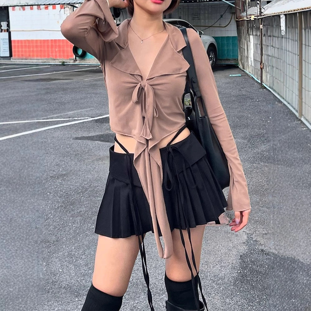 Cropped Tie-Front Long-Sleeve Shirt with Bell Sleeves