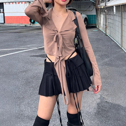 Cropped Tie-Front Long-Sleeve Shirt with Bell Sleeves