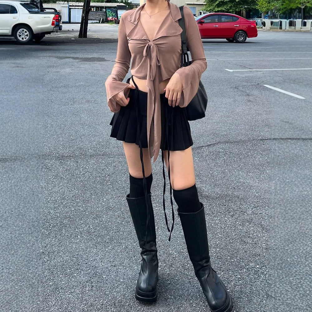 Cropped Tie-Front Long-Sleeve Shirt with Bell Sleeves