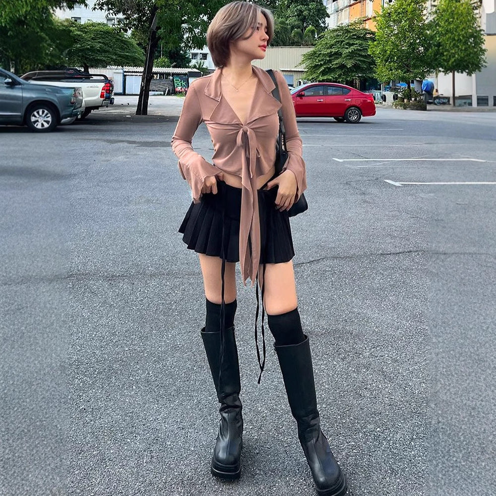 Cropped Tie-Front Long-Sleeve Shirt with Bell Sleeves