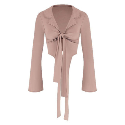 Cropped Tie-Front Long-Sleeve Shirt with Bell Sleeves