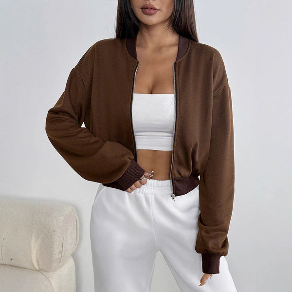 Solid Cropped Bomber Jacket with Full Zip and Ribbed Trim