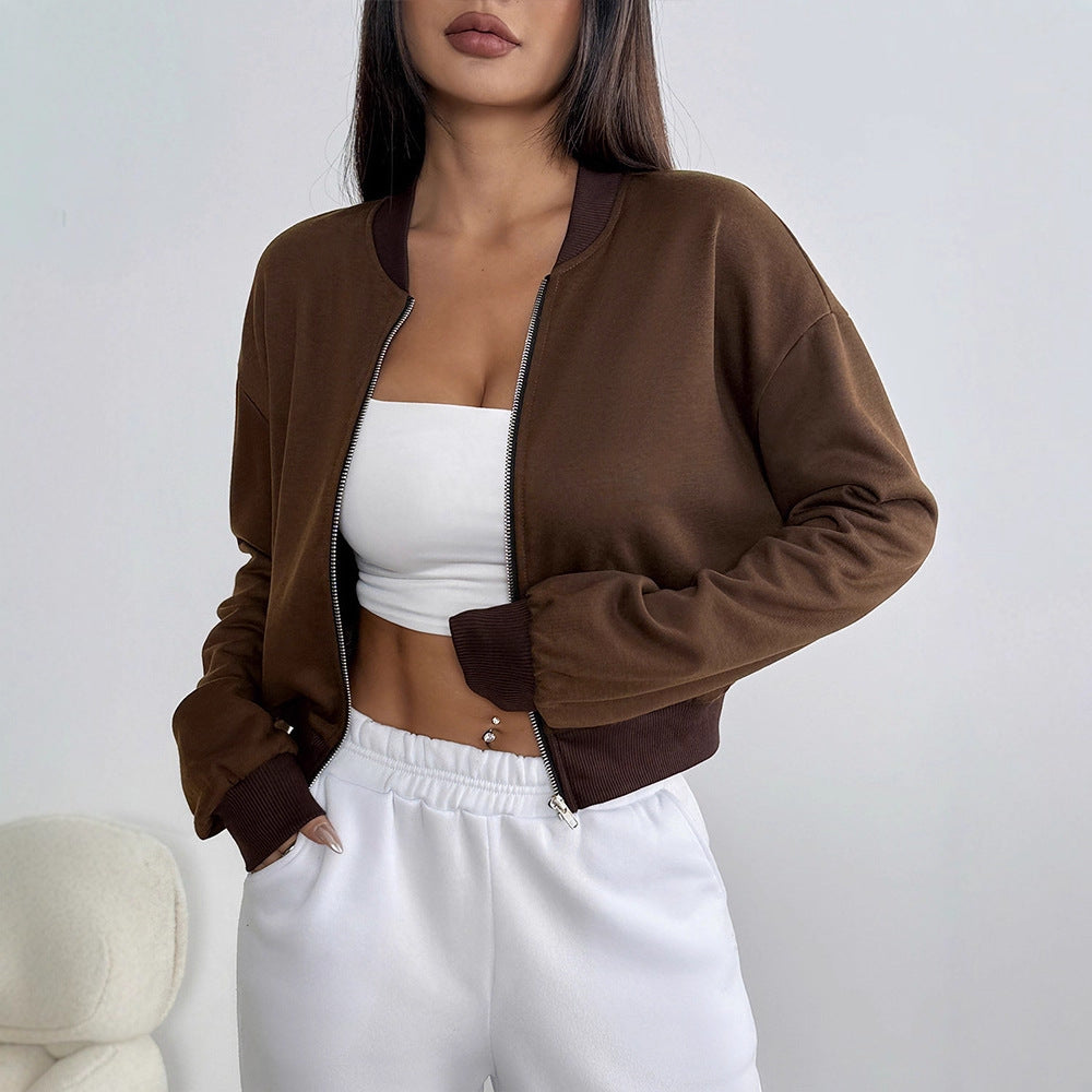 Solid Cropped Bomber Jacket with Full Zip and Ribbed Trim