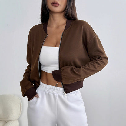 Solid Cropped Bomber Jacket with Full Zip and Ribbed Trim