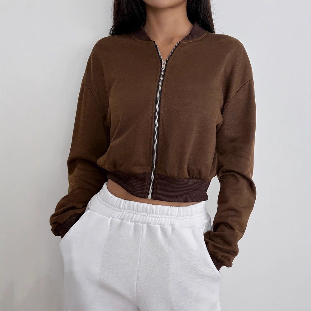 Solid Cropped Bomber Jacket with Full Zip and Ribbed Trim
