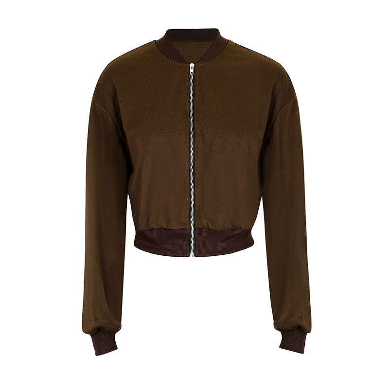 Solid Cropped Bomber Jacket with Full Zip and Ribbed Trim