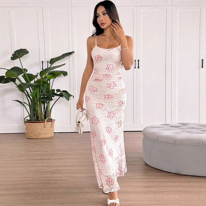 Floral Lace Mesh Slip Maxi Dress with Ruched Detail