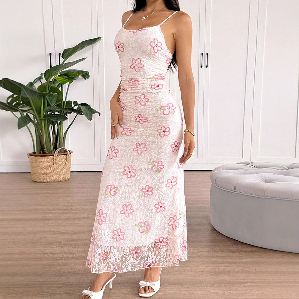 Floral Lace Mesh Slip Maxi Dress with Ruched Detail