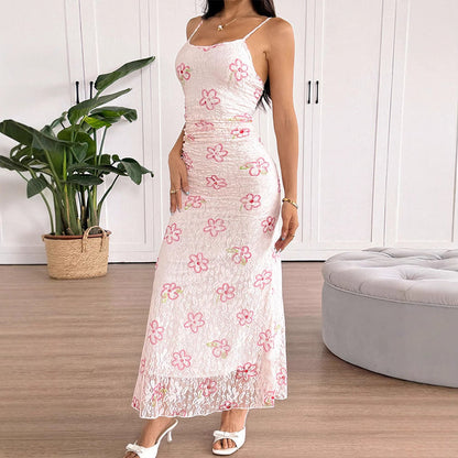 Floral Lace Mesh Slip Maxi Dress with Ruched Detail