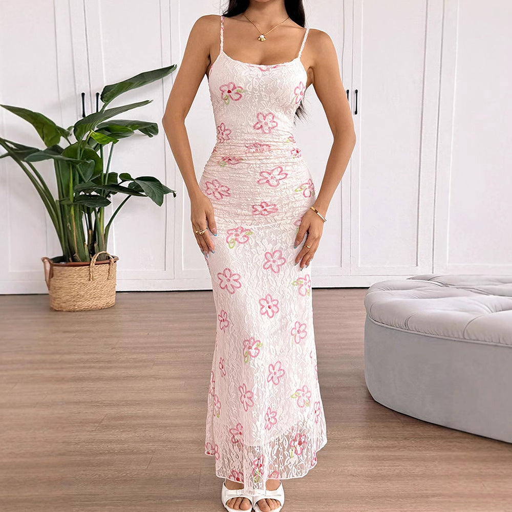 Floral Lace Mesh Slip Maxi Dress with Ruched Detail