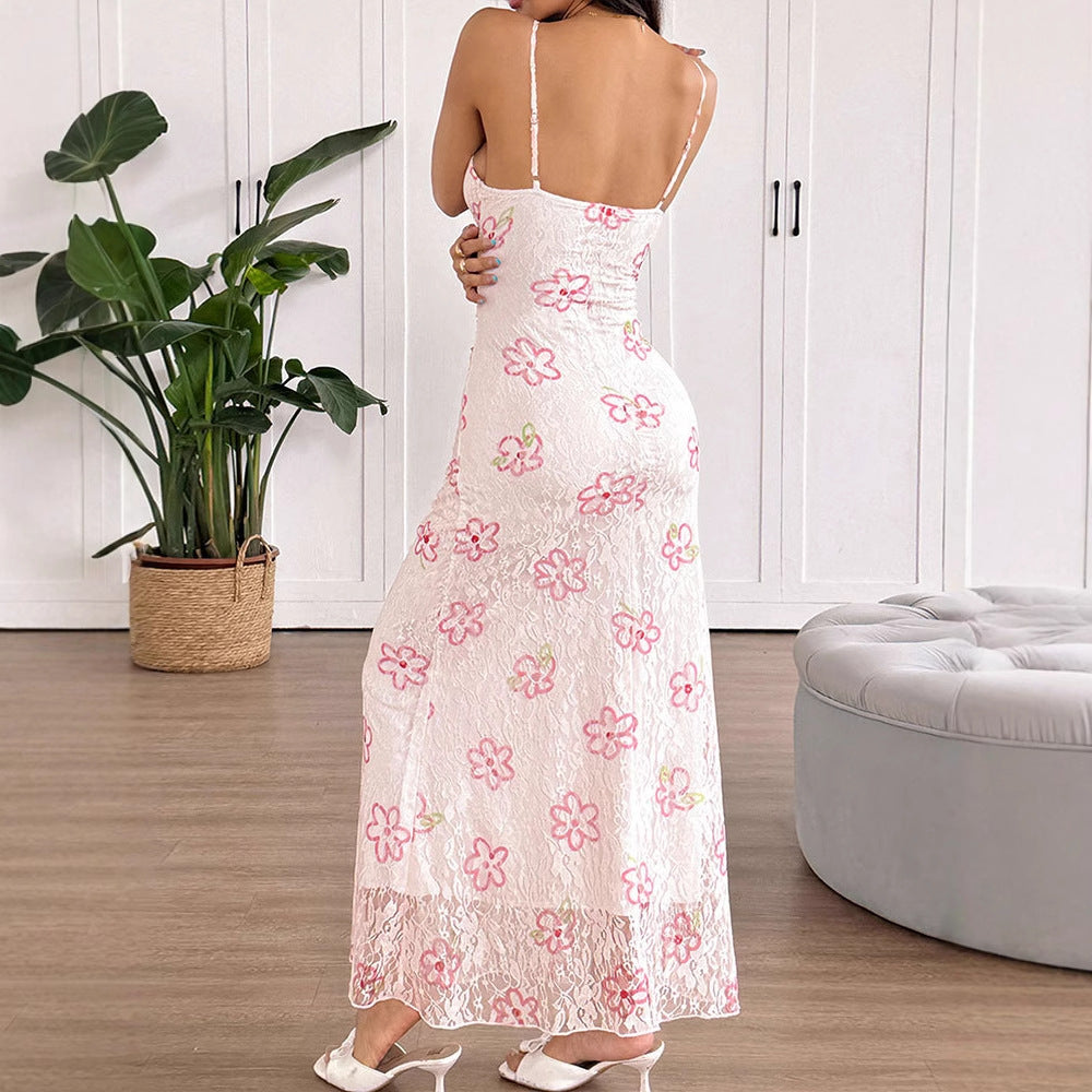 Floral Lace Mesh Slip Maxi Dress with Ruched Detail