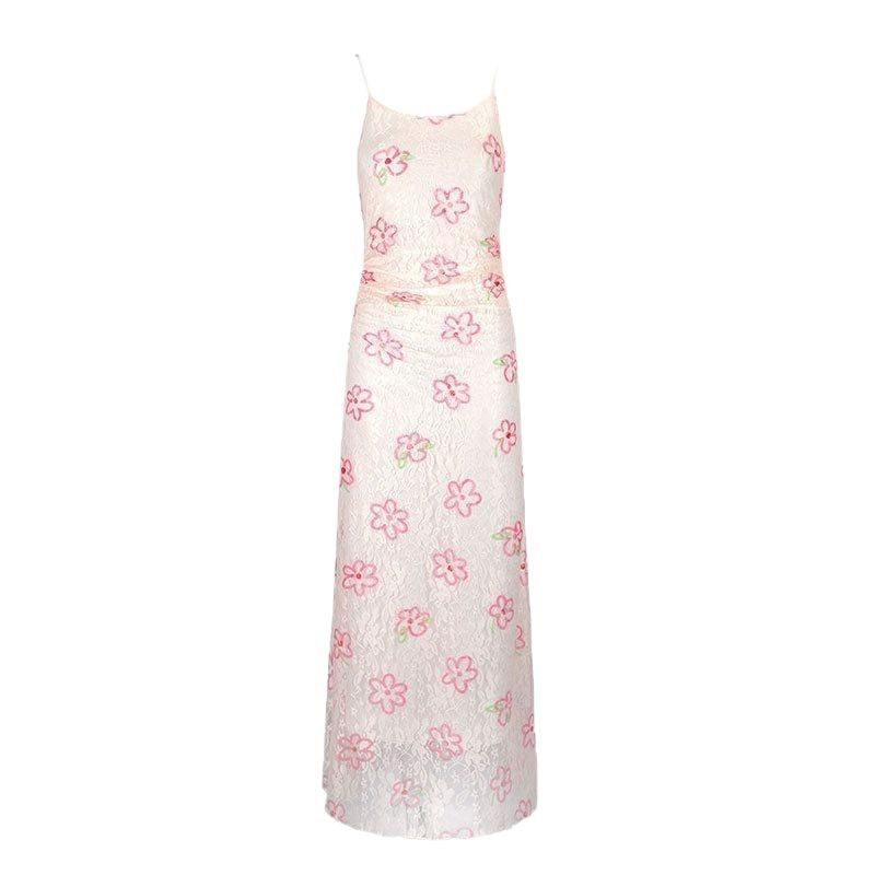Floral Lace Mesh Slip Maxi Dress with Ruched Detail