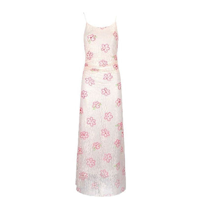 Floral Lace Mesh Slip Maxi Dress with Ruched Detail