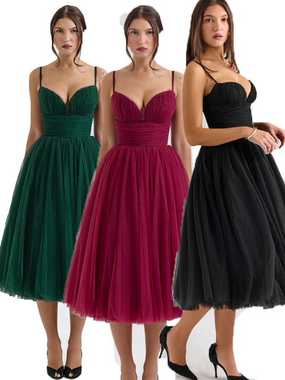 Fit & Flare Midi Dress with Sweetheart Neckline and Tulle Skirt