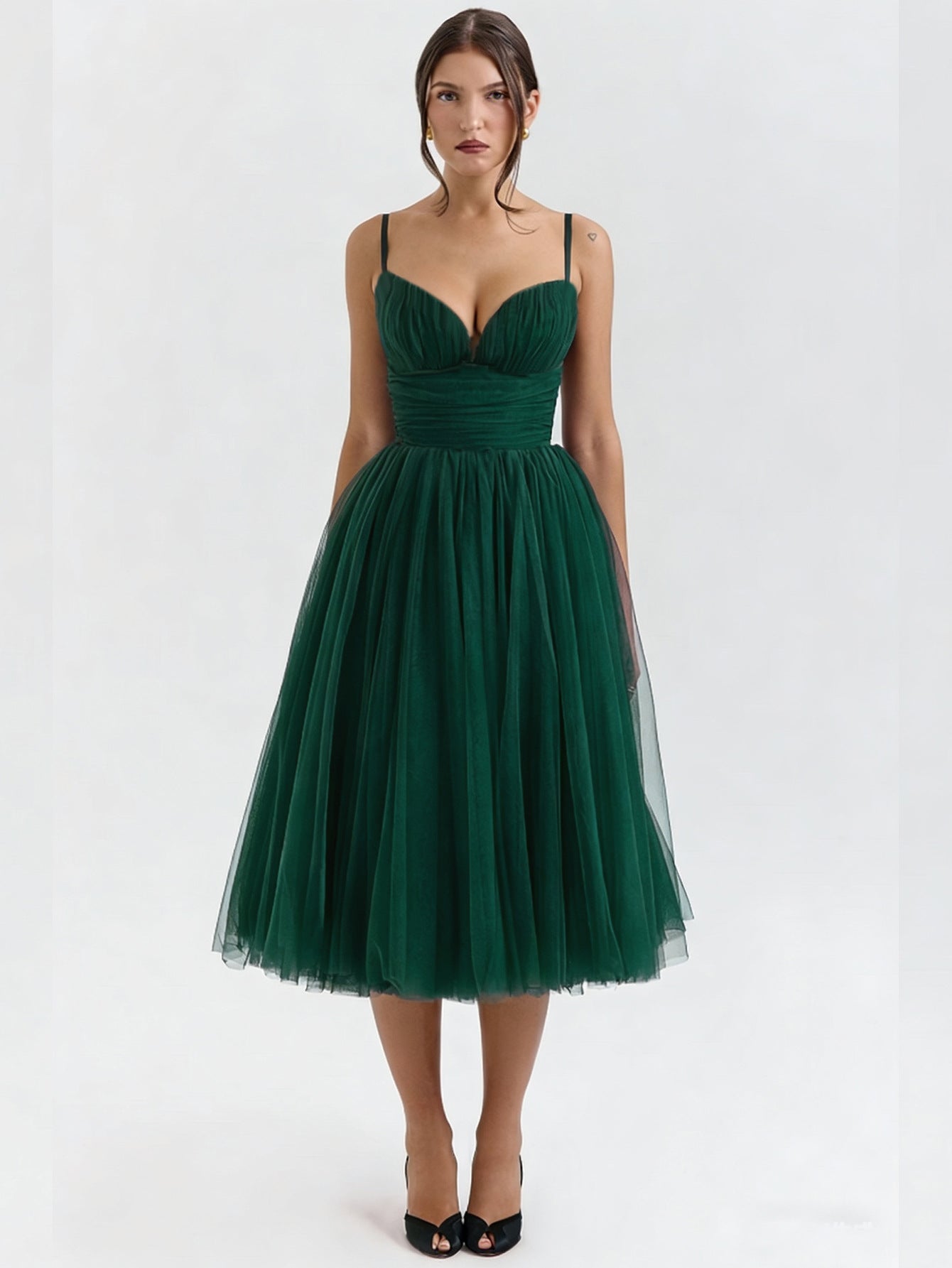 Fit & Flare Midi Dress with Sweetheart Neckline and Tulle Skirt