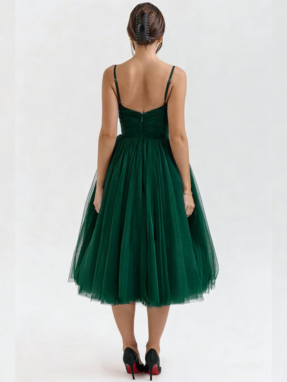Fit & Flare Midi Dress with Sweetheart Neckline and Tulle Skirt