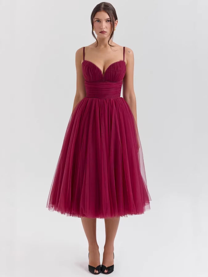 Fit & Flare Midi Dress with Sweetheart Neckline and Tulle Skirt