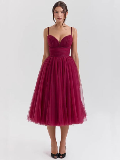 Fit & Flare Midi Dress with Sweetheart Neckline and Tulle Skirt