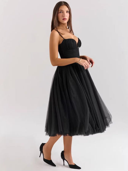 Fit & Flare Midi Dress with Sweetheart Neckline and Tulle Skirt