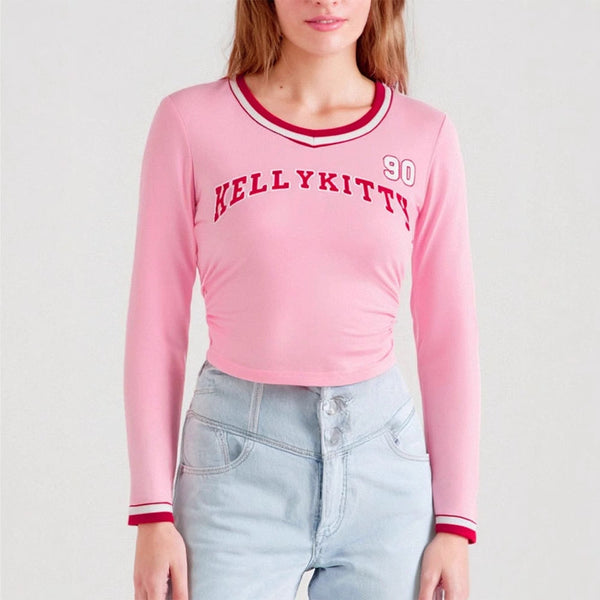 Cropped Long-Sleeve Tee with Letter Print and Striped V-Neck