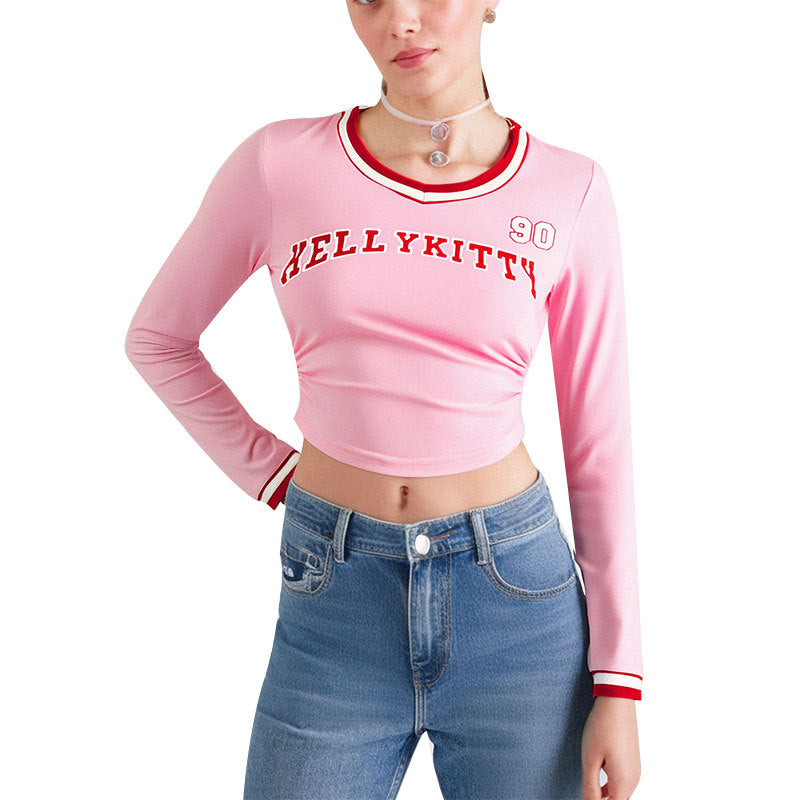 Cropped Long-Sleeve Tee with Letter Print and Striped V-Neck