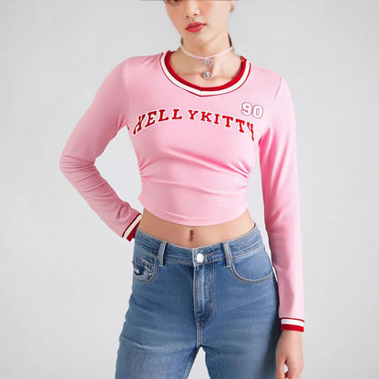 Cropped Long-Sleeve Tee with Letter Print and Striped V-Neck