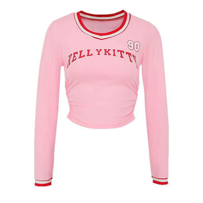 Cropped Long-Sleeve Tee with Letter Print and Striped V-Neck