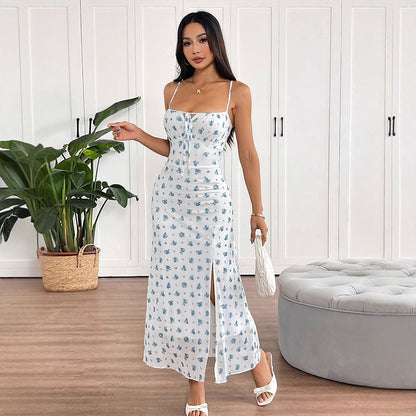 Floral Print Slip Dress with Drawstring Bust and Slit