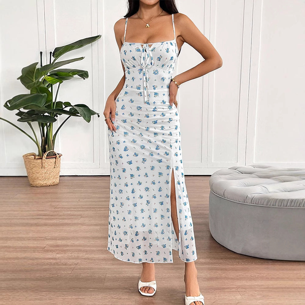 Floral Print Slip Dress with Drawstring Bust and Slit